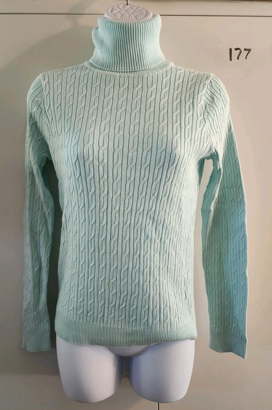 Talbots Womens Light Blue Cable Knit Turtleneck Sweater Extra Small Pima Cotton